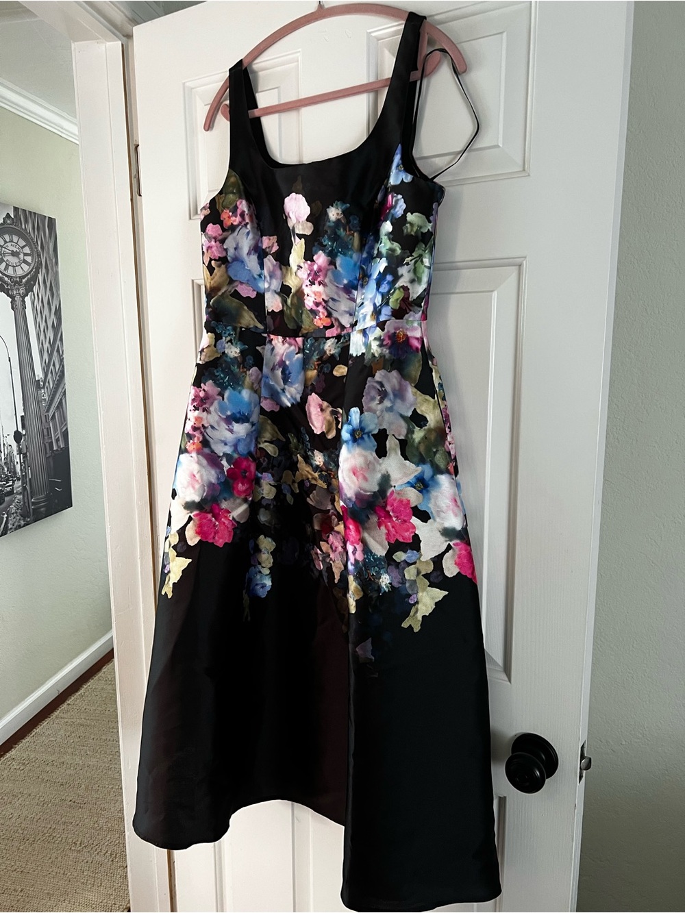 Julia Jordan cocktail mikado midi dress black floral satin size 6